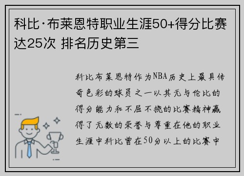 科比·布莱恩特职业生涯50+得分比赛达25次 排名历史第三