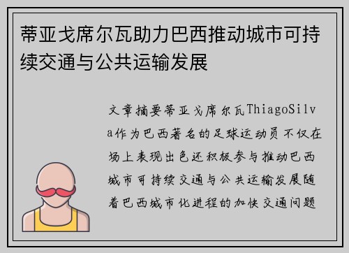 蒂亚戈席尔瓦助力巴西推动城市可持续交通与公共运输发展